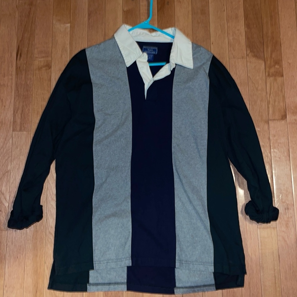 Oversized men’s rugby striped shirt; collared neck; cotton; long sleeve